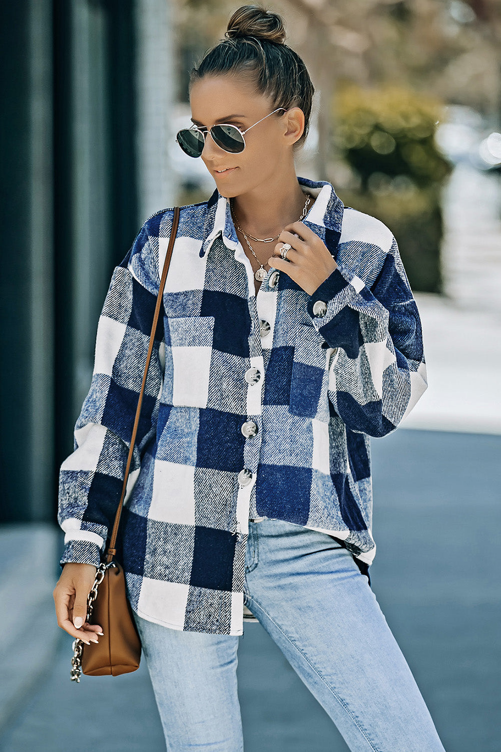 Plaid Buttoned Pocketed Jacket