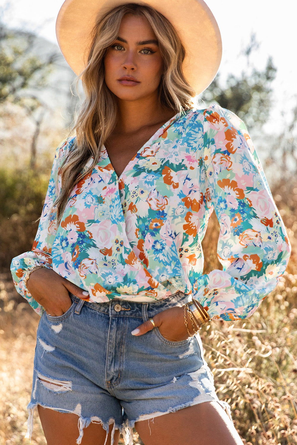 Light Blue Floral Print Bodysuit