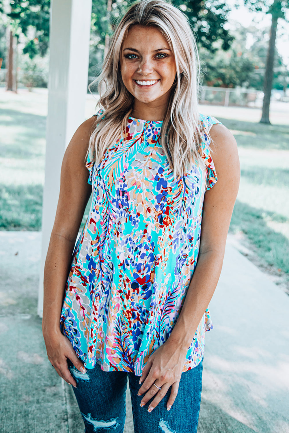 Printed Color Block Boho Sleeveless Shirt with Ruffle