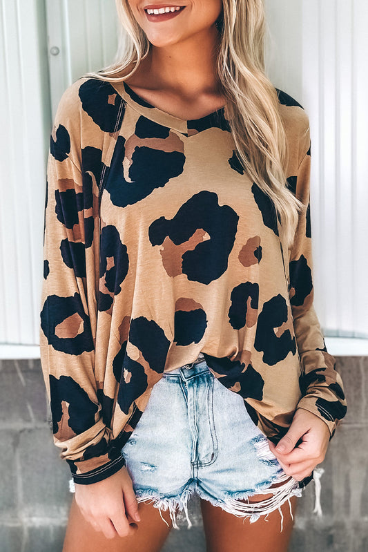 Cheetah Print Casual Long Sleeve Loose Top