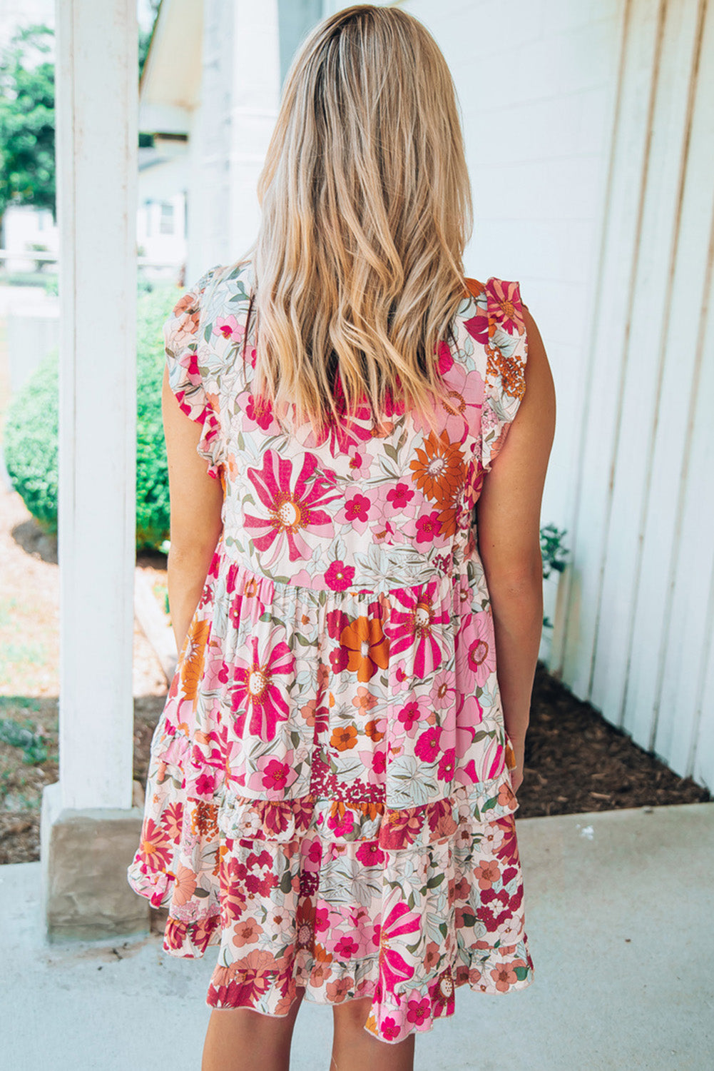 White Floral Boho Ruffle Pocket Tiered Mini Dress