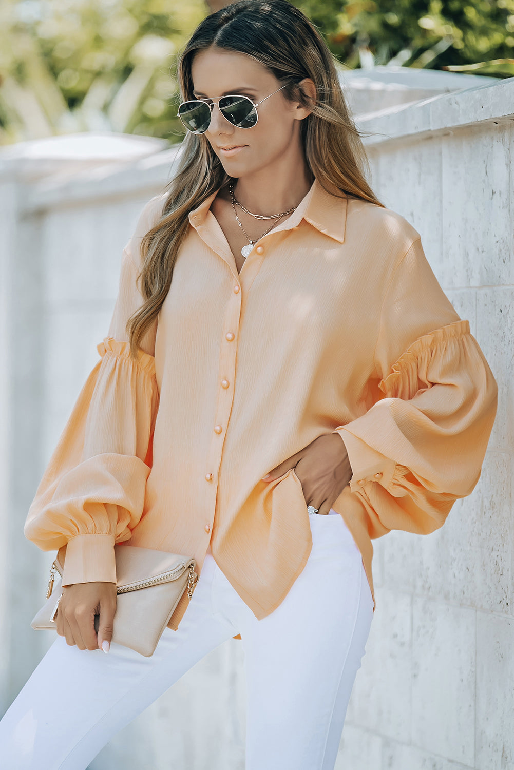 Button Front Frill Trim Blouse