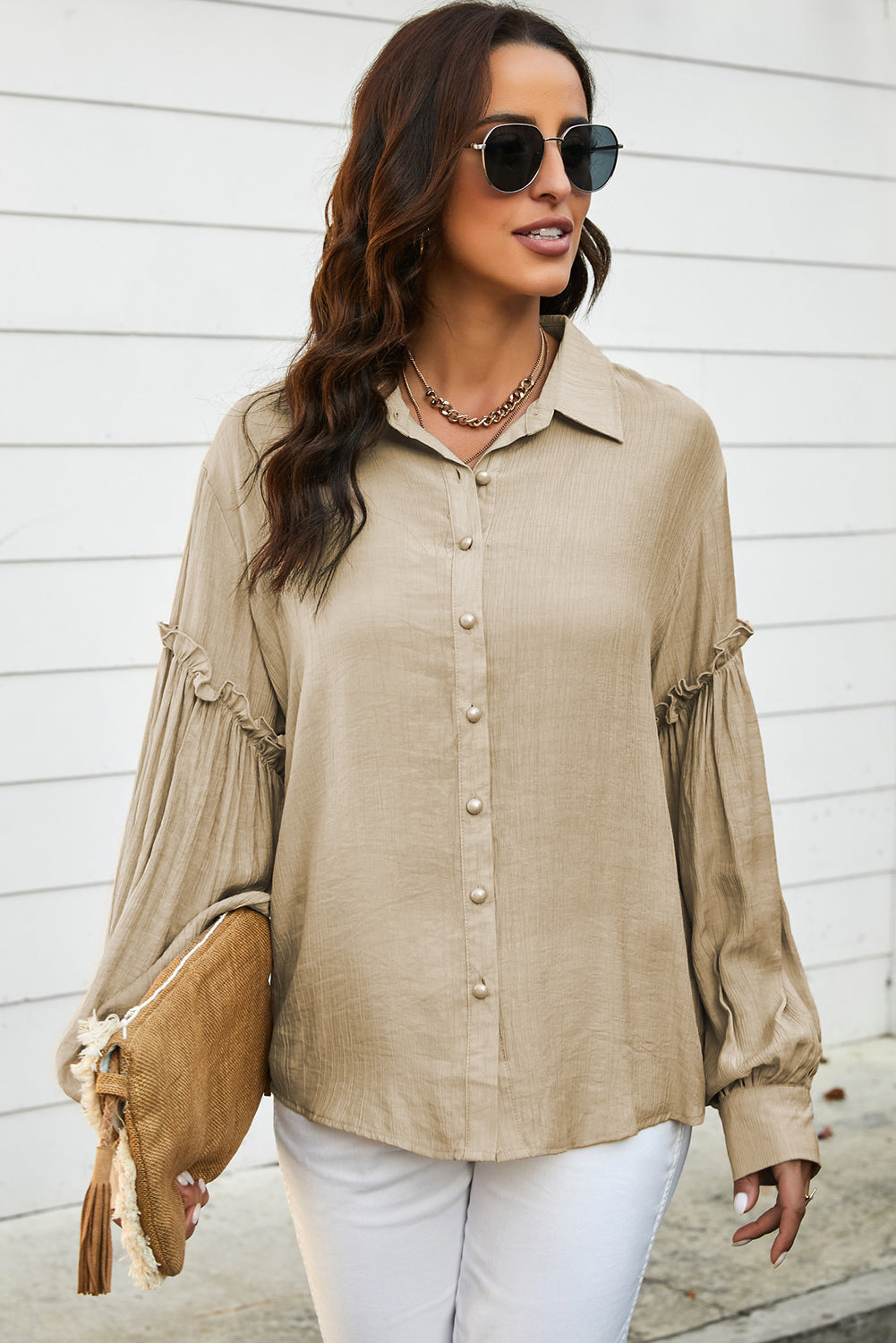 Button Front Frill Trim Blouse