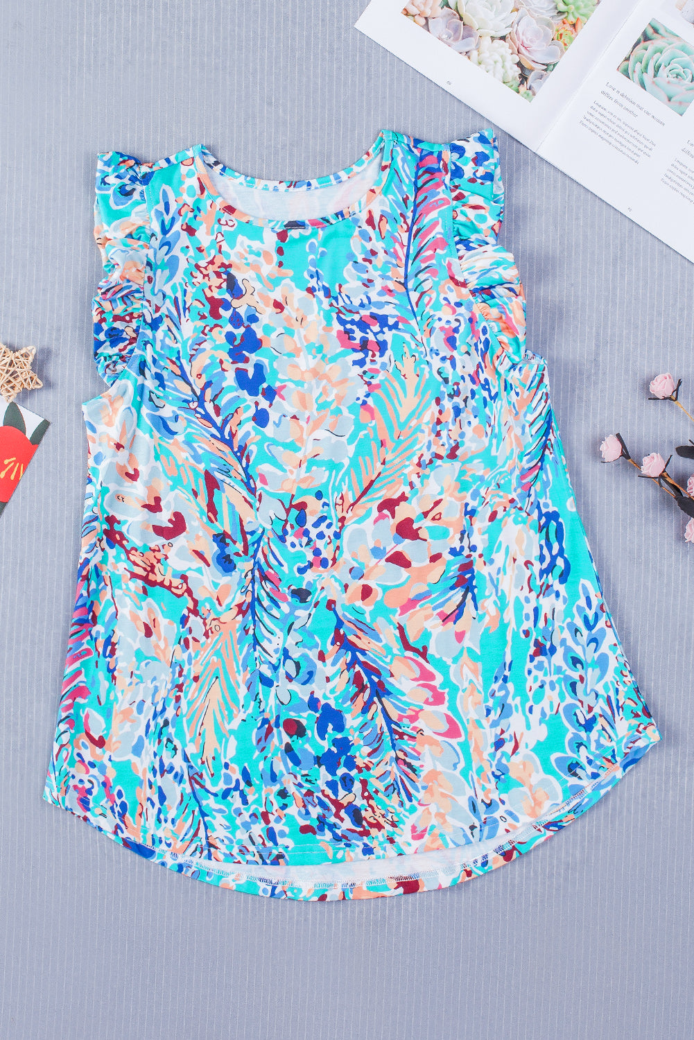 Printed Color Block Boho Sleeveless Shirt with Ruffle