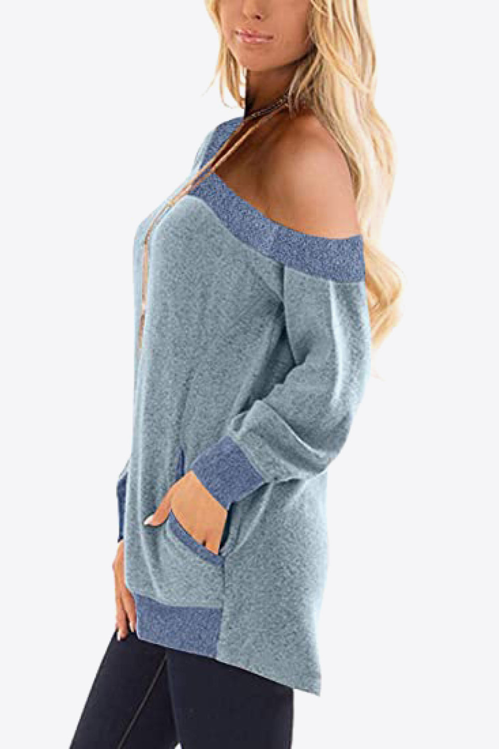 Contrast Raglan Sleeve V-Neck Top with Pockets