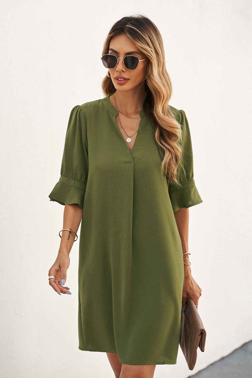 V Neck Short Sleeve Tunic Dress