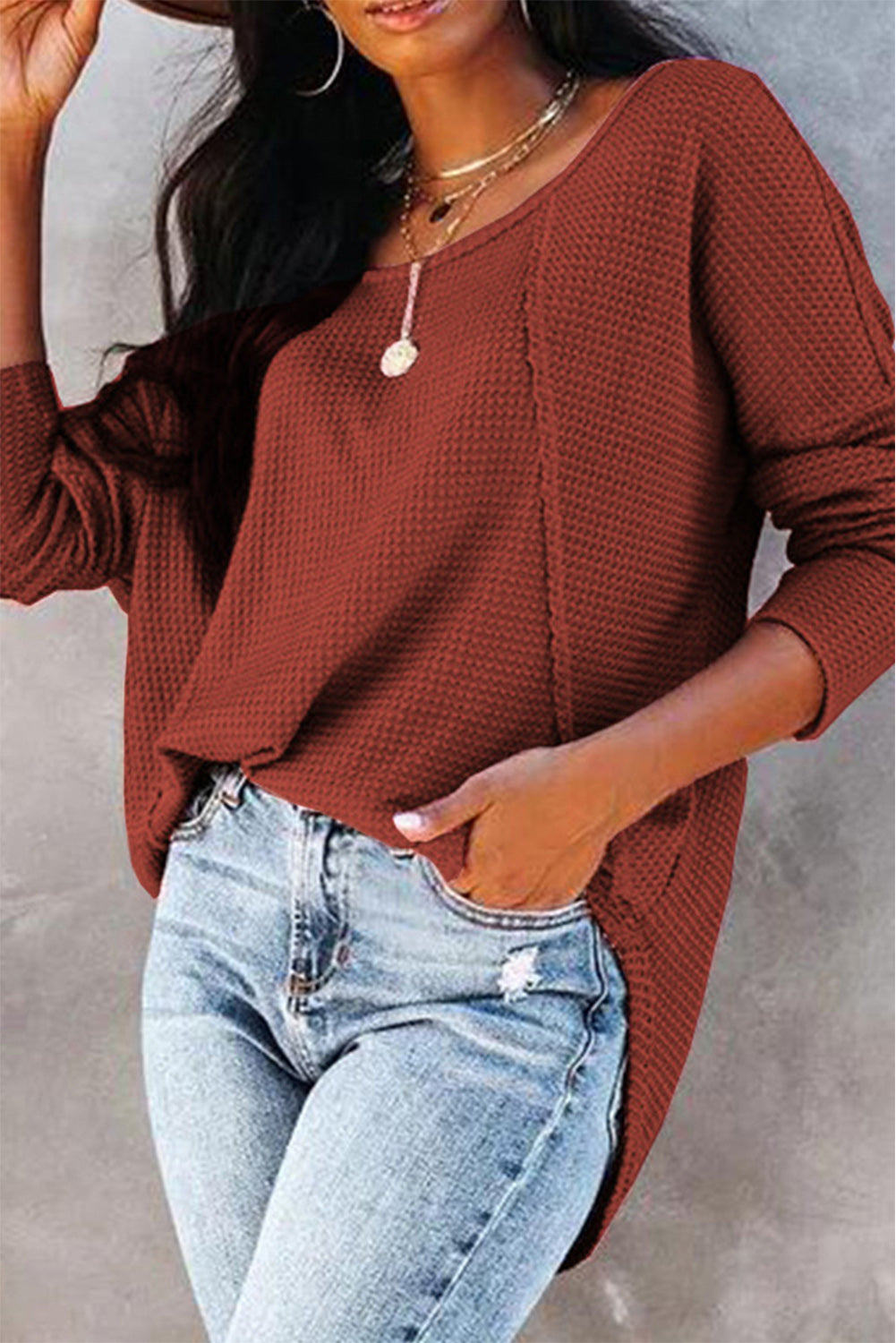 Waffle Knit Long Sleeve Top