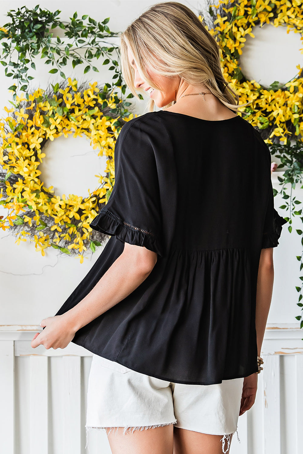 Ruffle Lace Detail V Neck Half Sleeve Loose Top