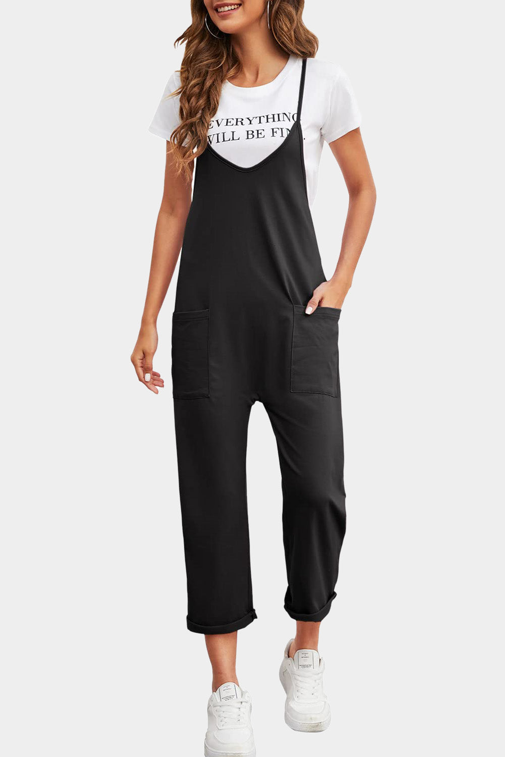 Black Pocketed Spaghetti Strap Straight Leg Jumpsuit