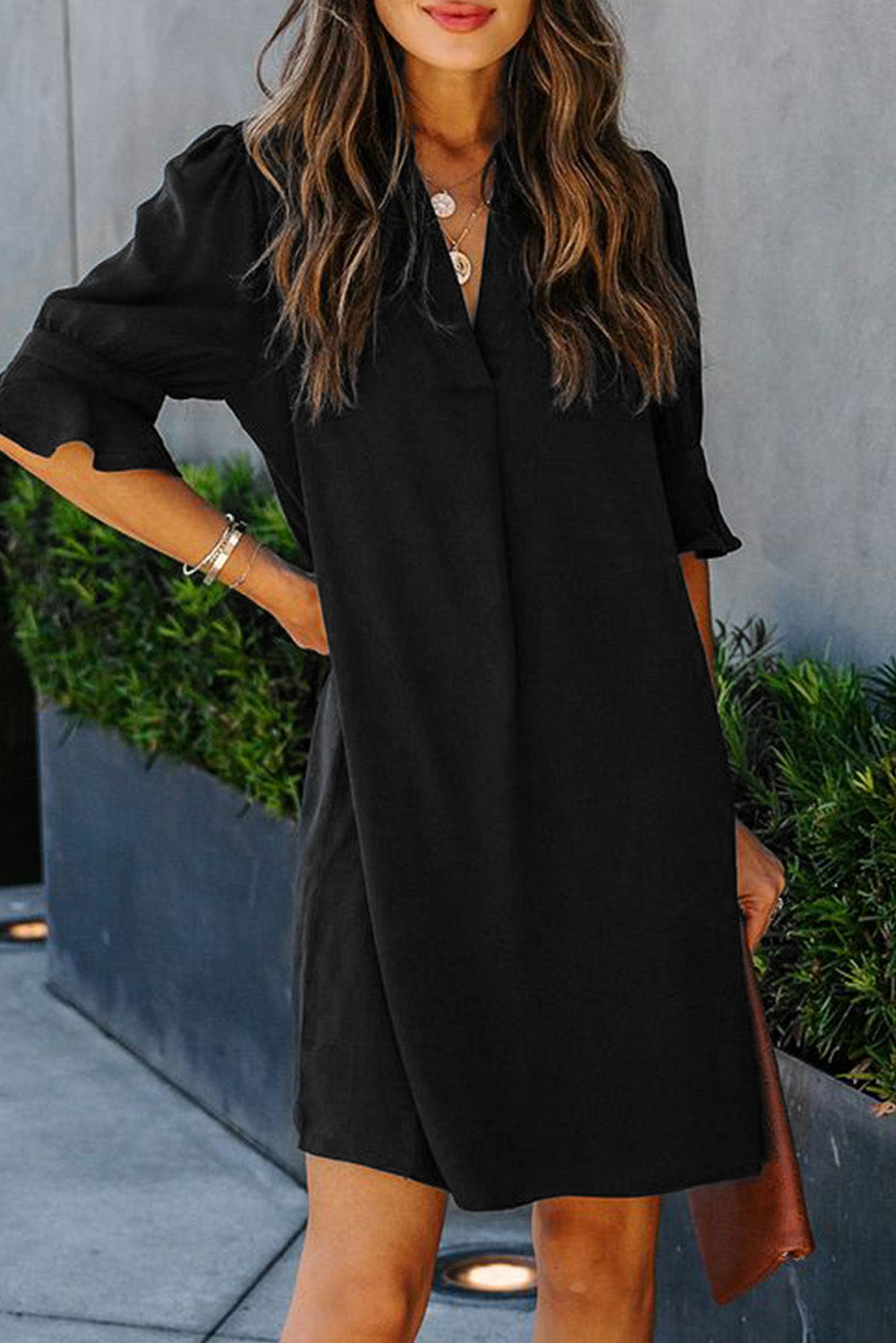 V Neck Short Sleeve Tunic Dress