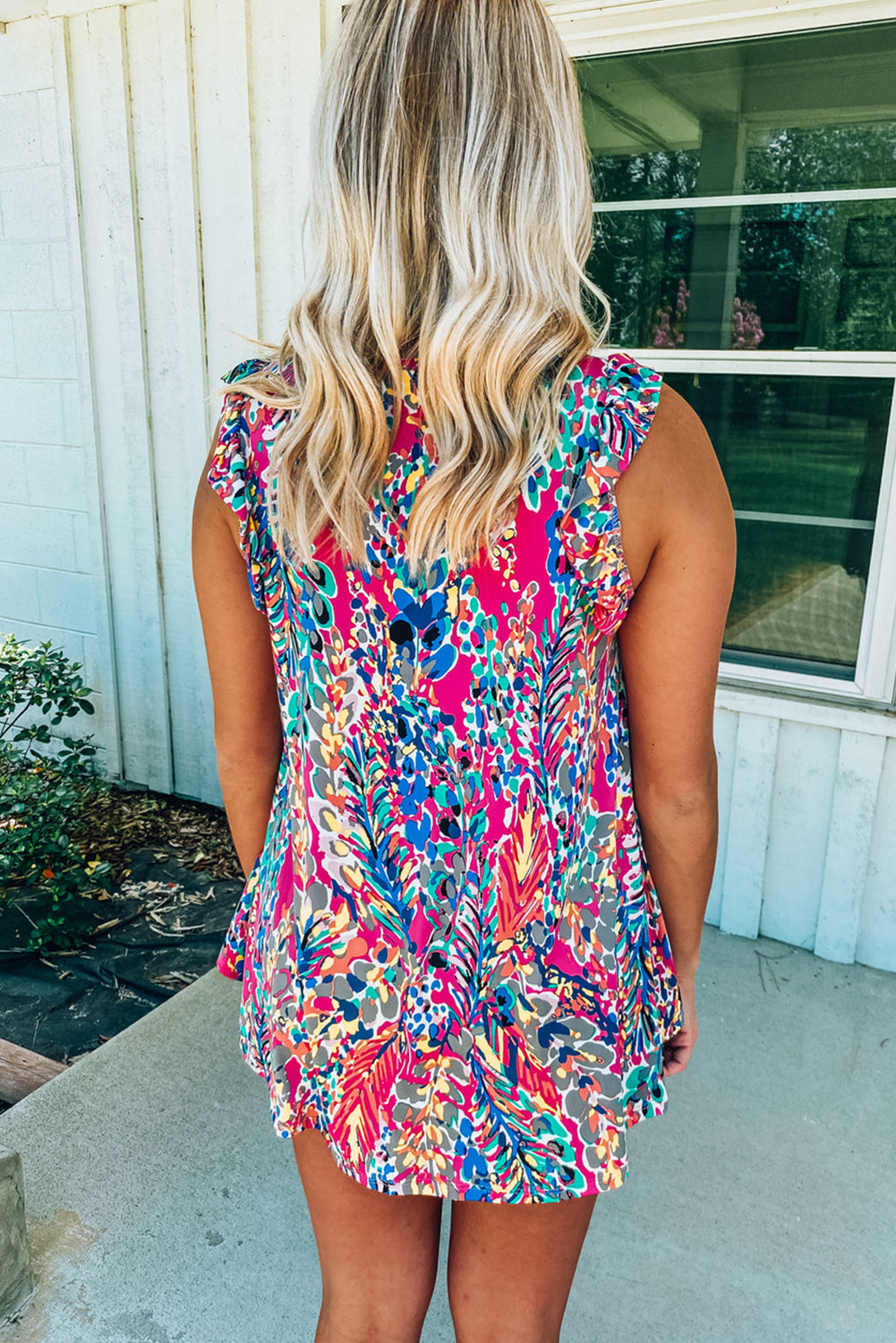 Printed Color Block Boho Sleeveless Shirt with Ruffle