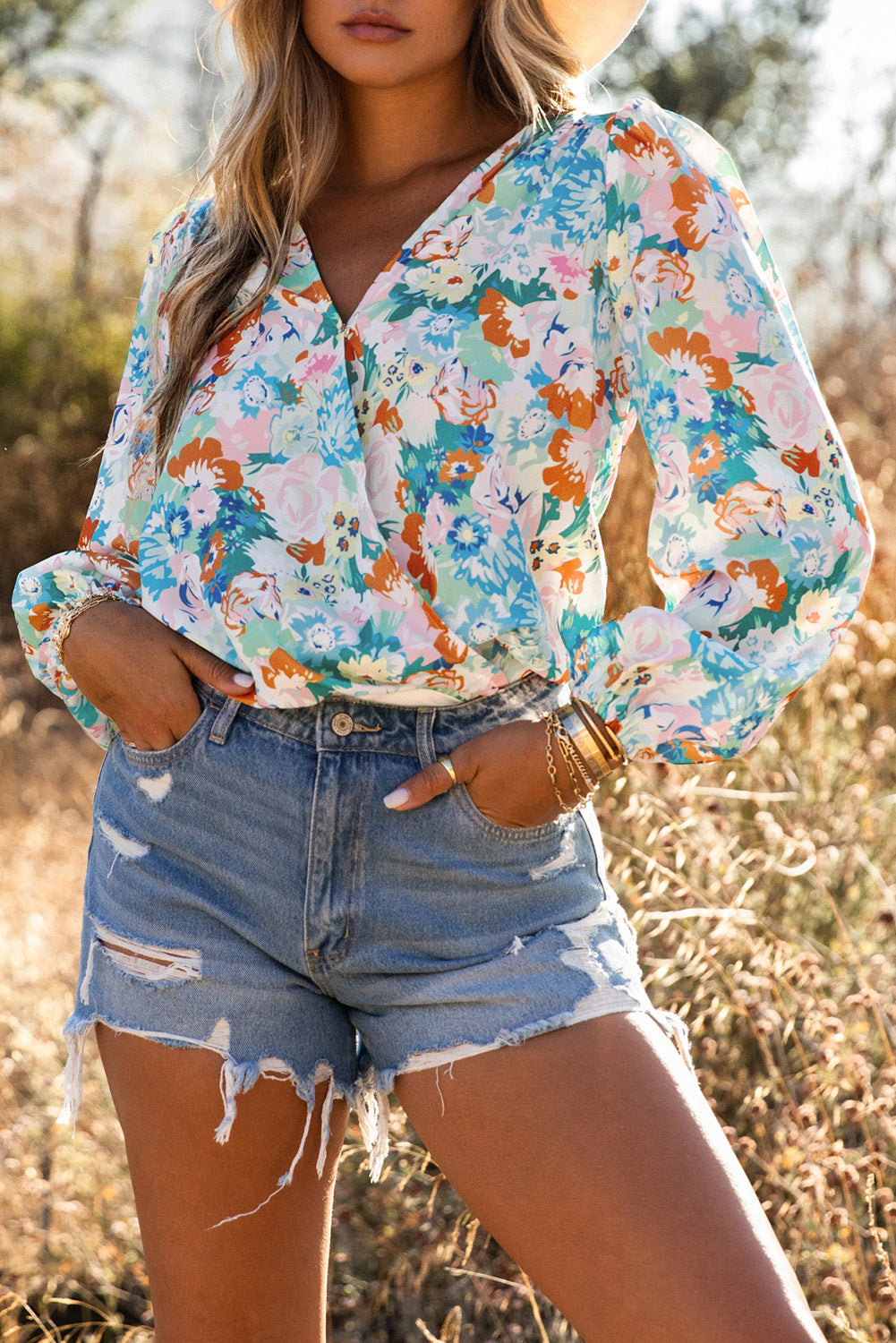 Light Blue Floral Print Bodysuit