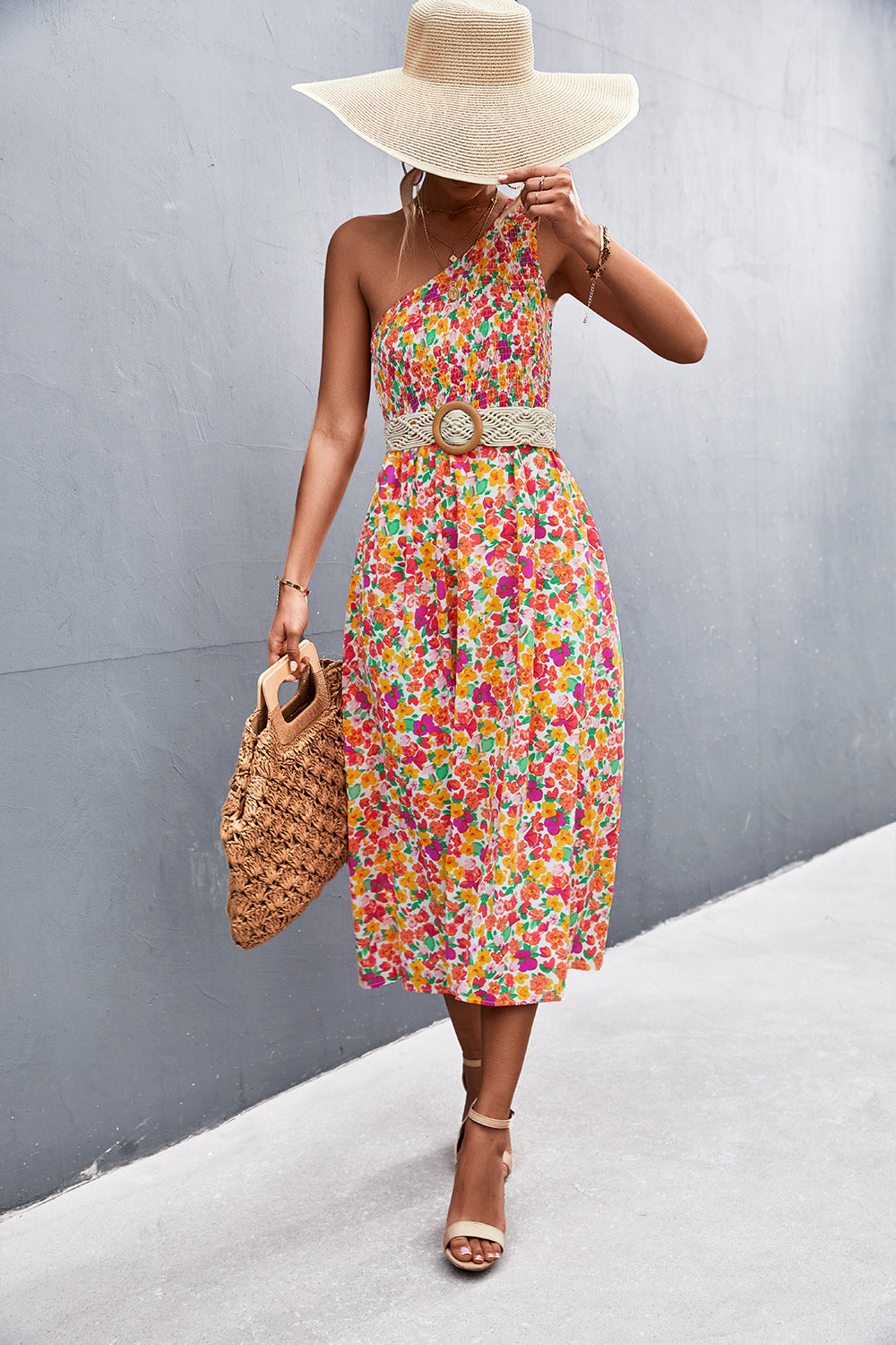 Floral Smocked One-Shoulder Midi Dress