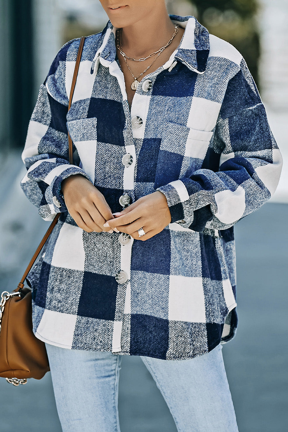 Plaid Buttoned Pocketed Jacket