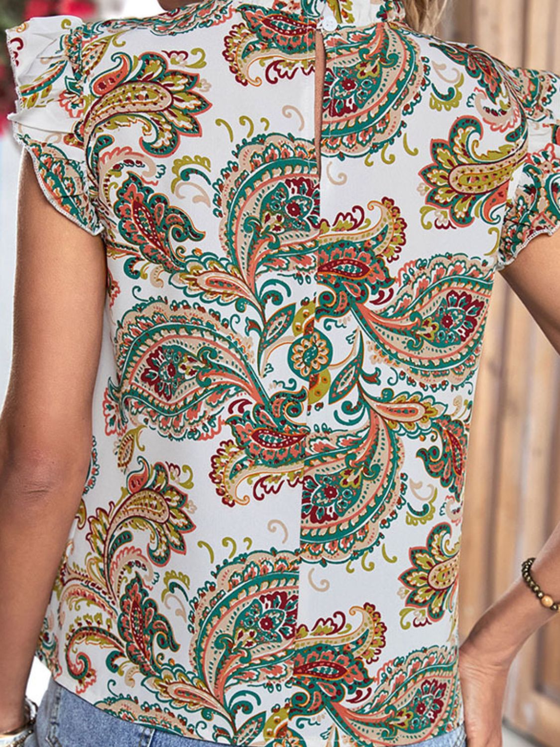 Printed Butterfly Sleeve Keyhole Blouse