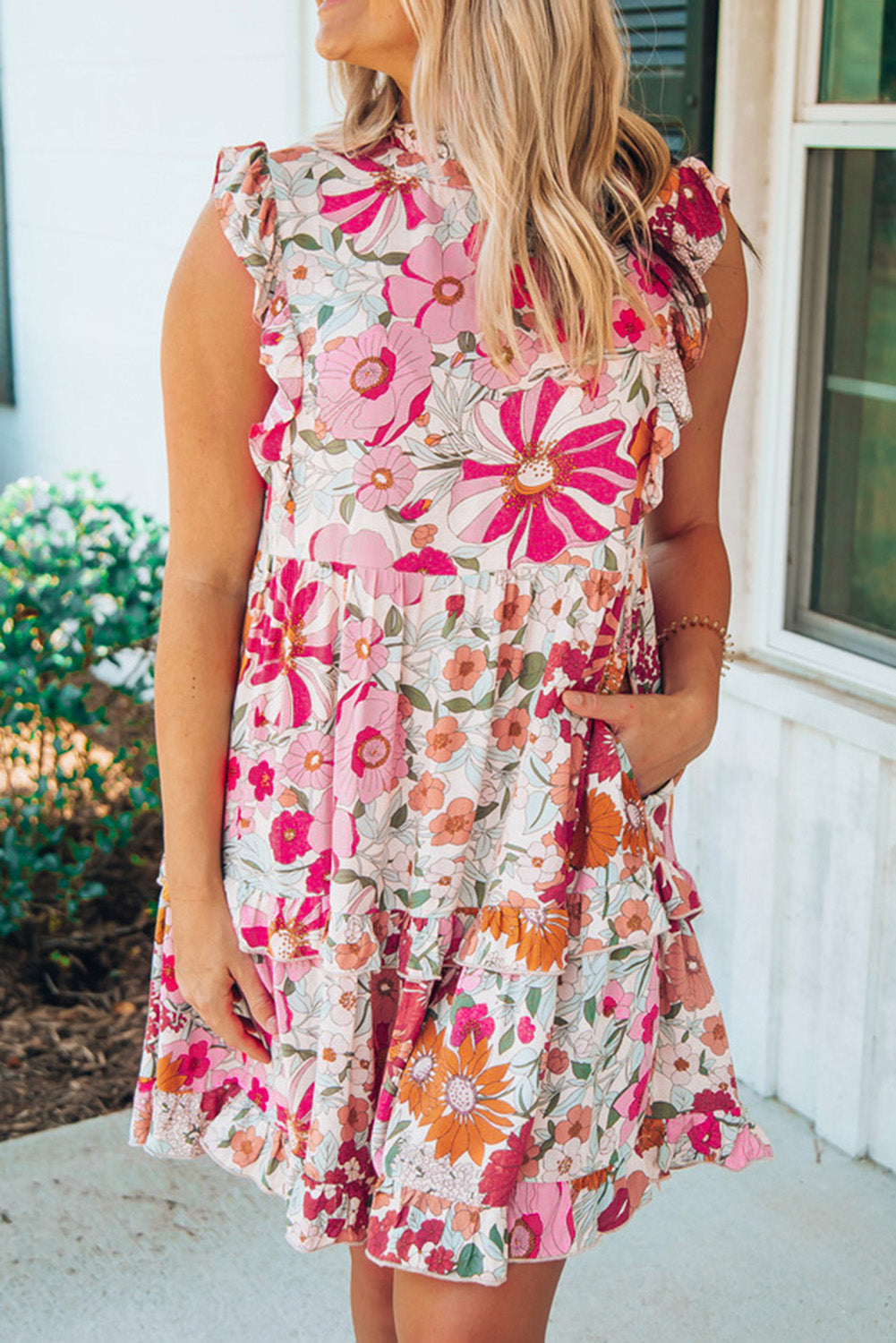 White Floral Boho Ruffle Pocket Tiered Mini Dress