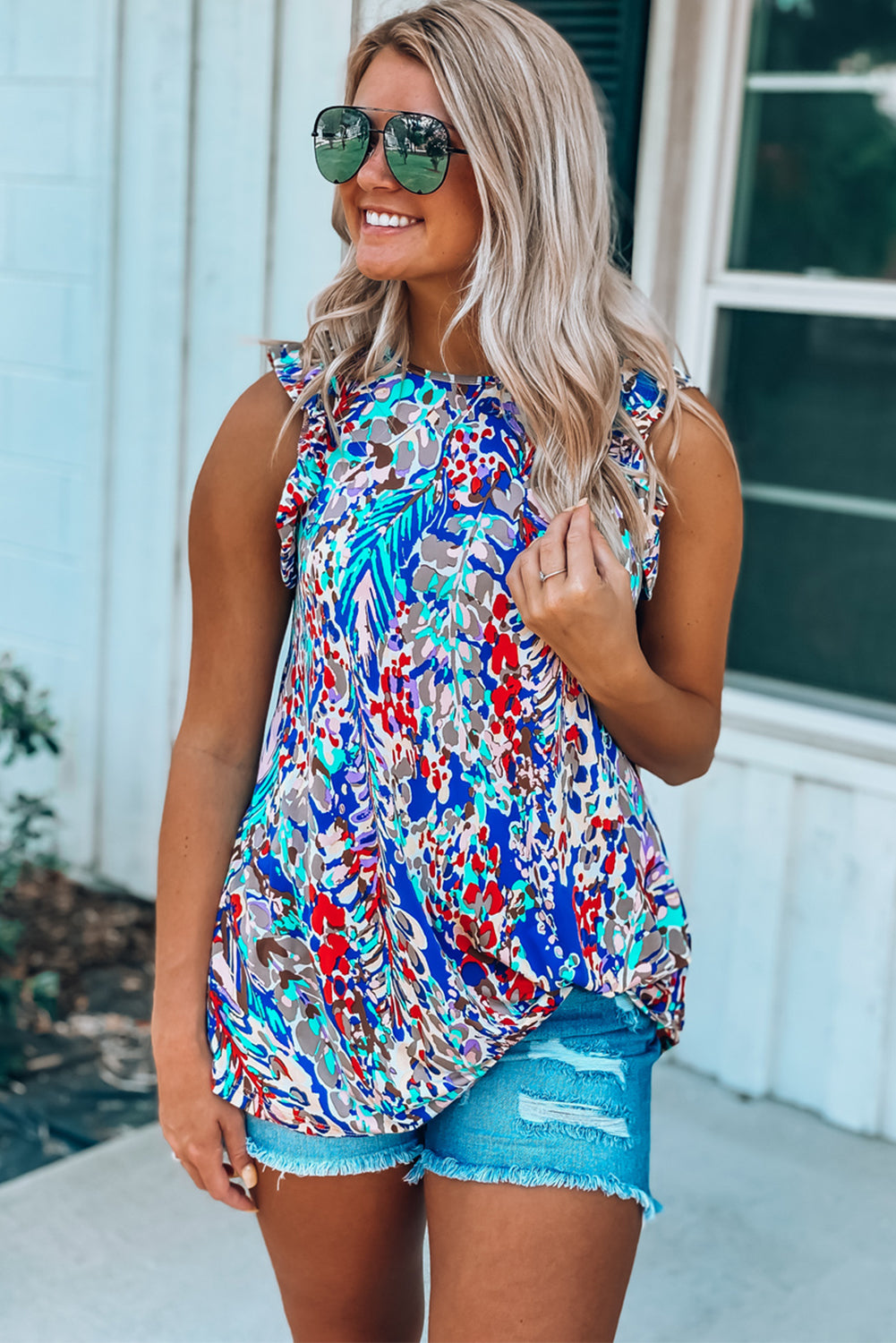 Printed Color Block Boho Sleeveless Shirt with Ruffle