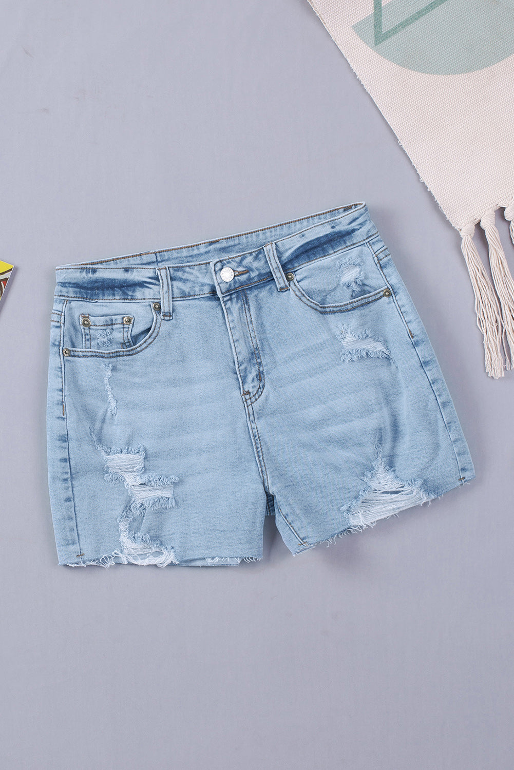 Frayed Slim-fit High Waist Denim Shorts