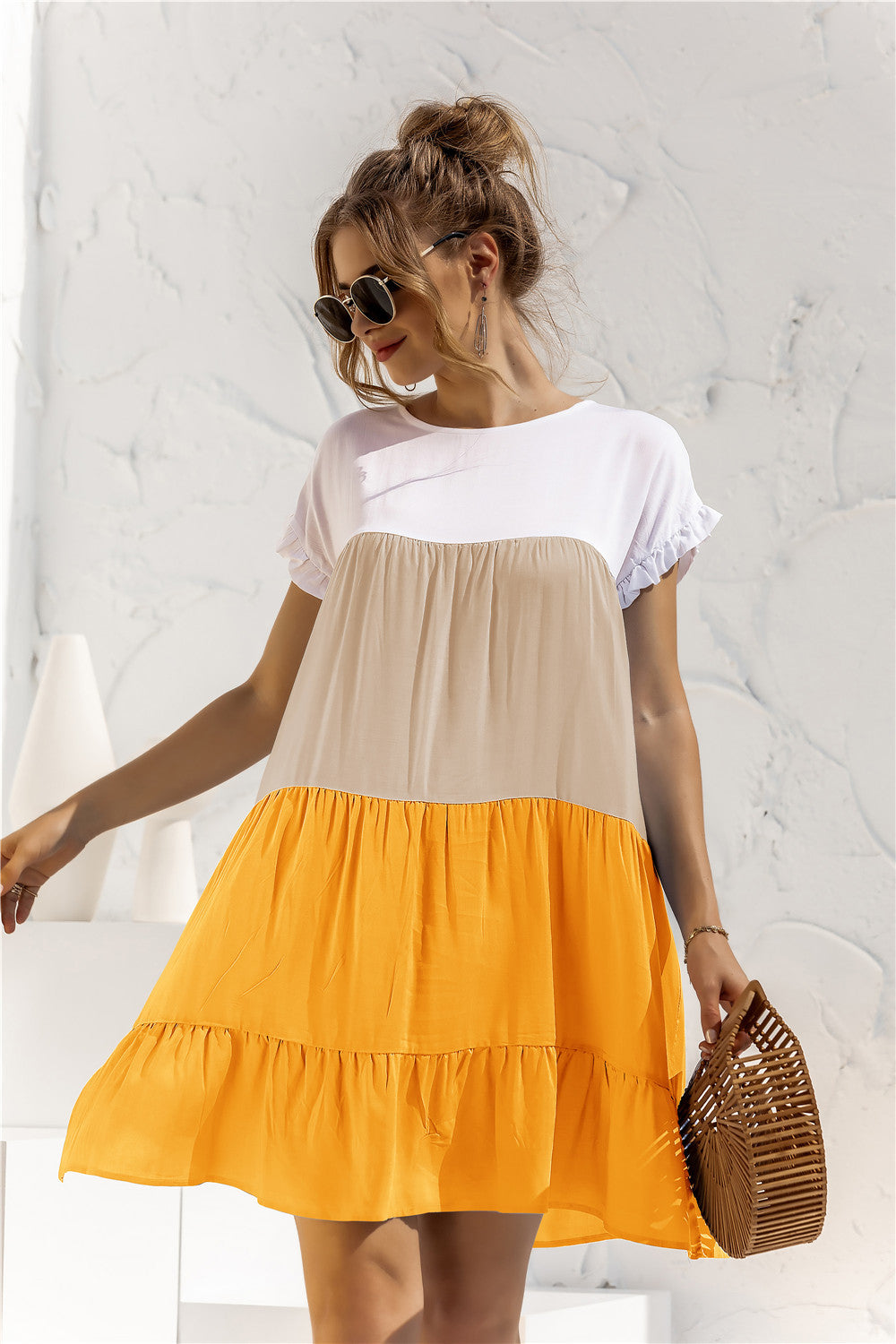 Color Block Round Neck Ruffle Hem Dress