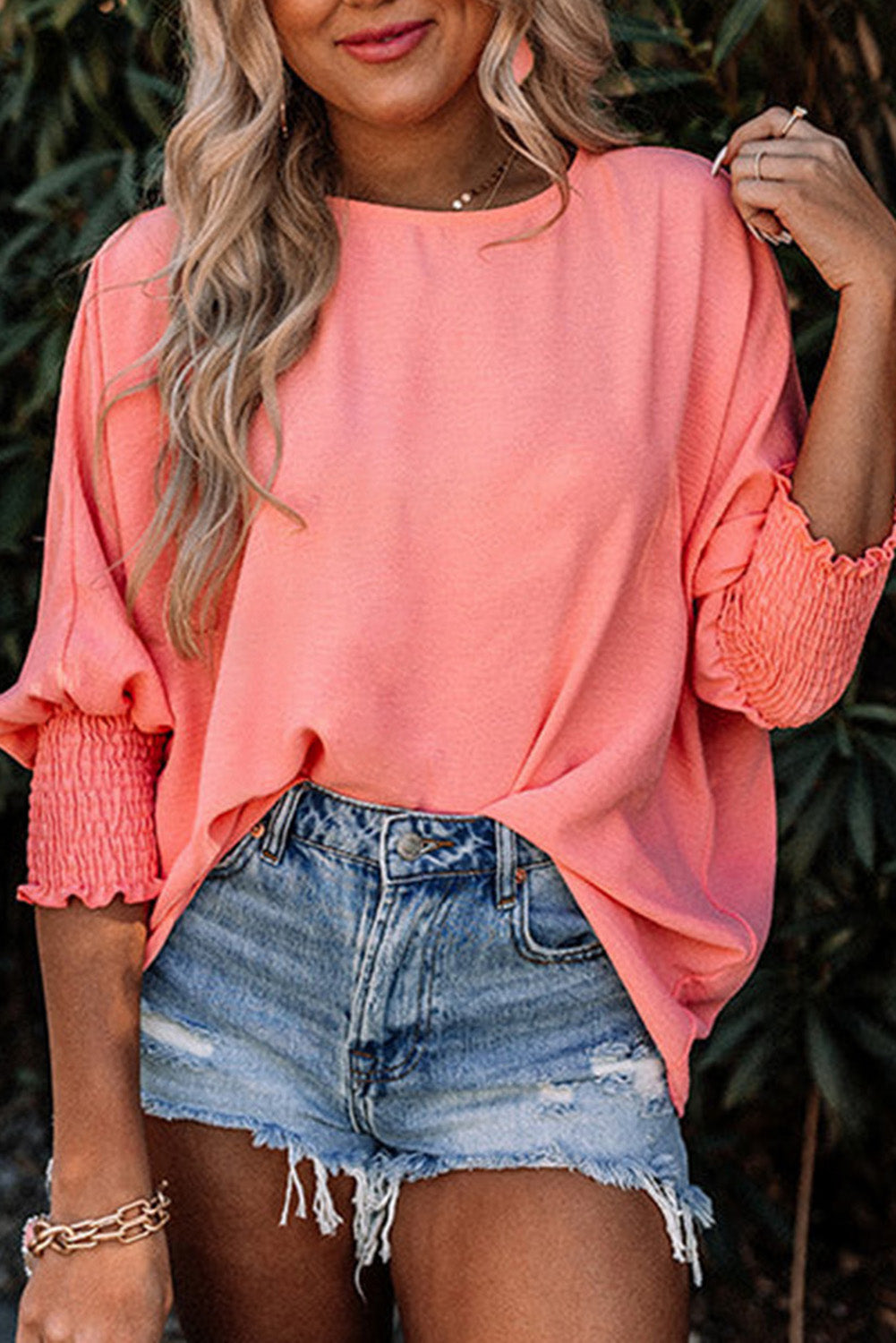 Casual Shirred Cuffs Half Sleeve Top