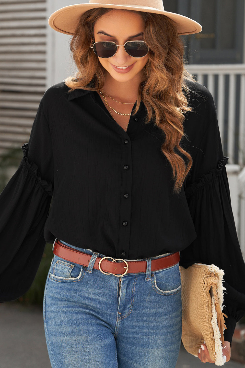 Button Front Frill Trim Blouse