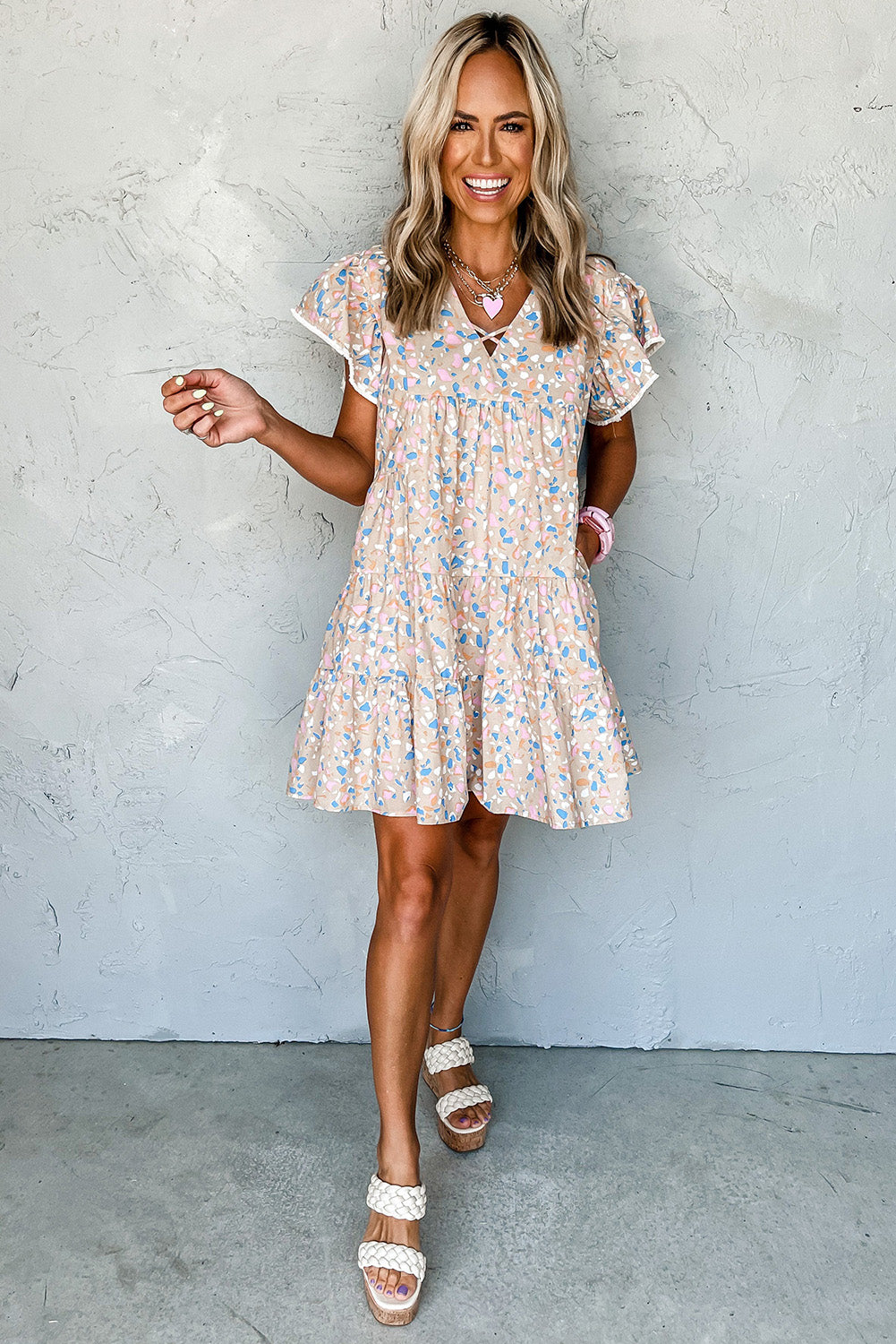 Criss Cross V Neck Ruffle Sleeve Tiered Dress