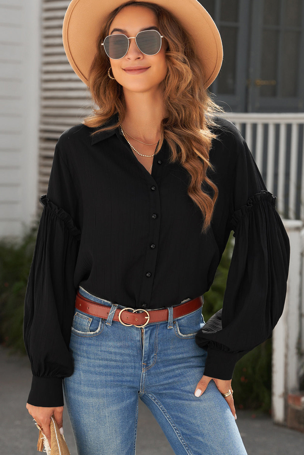 Button Front Frill Trim Blouse