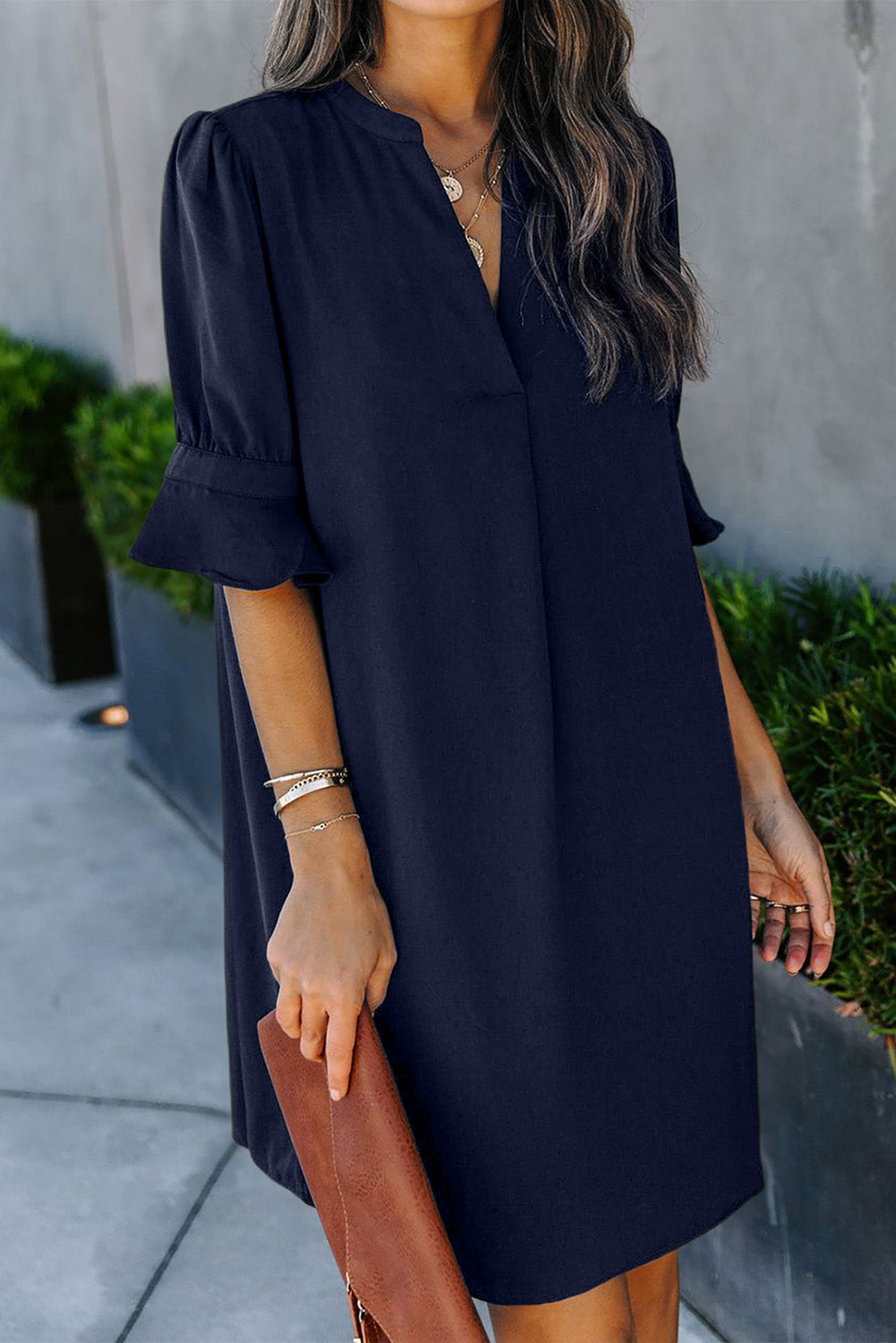 V Neck Short Sleeve Tunic Dress