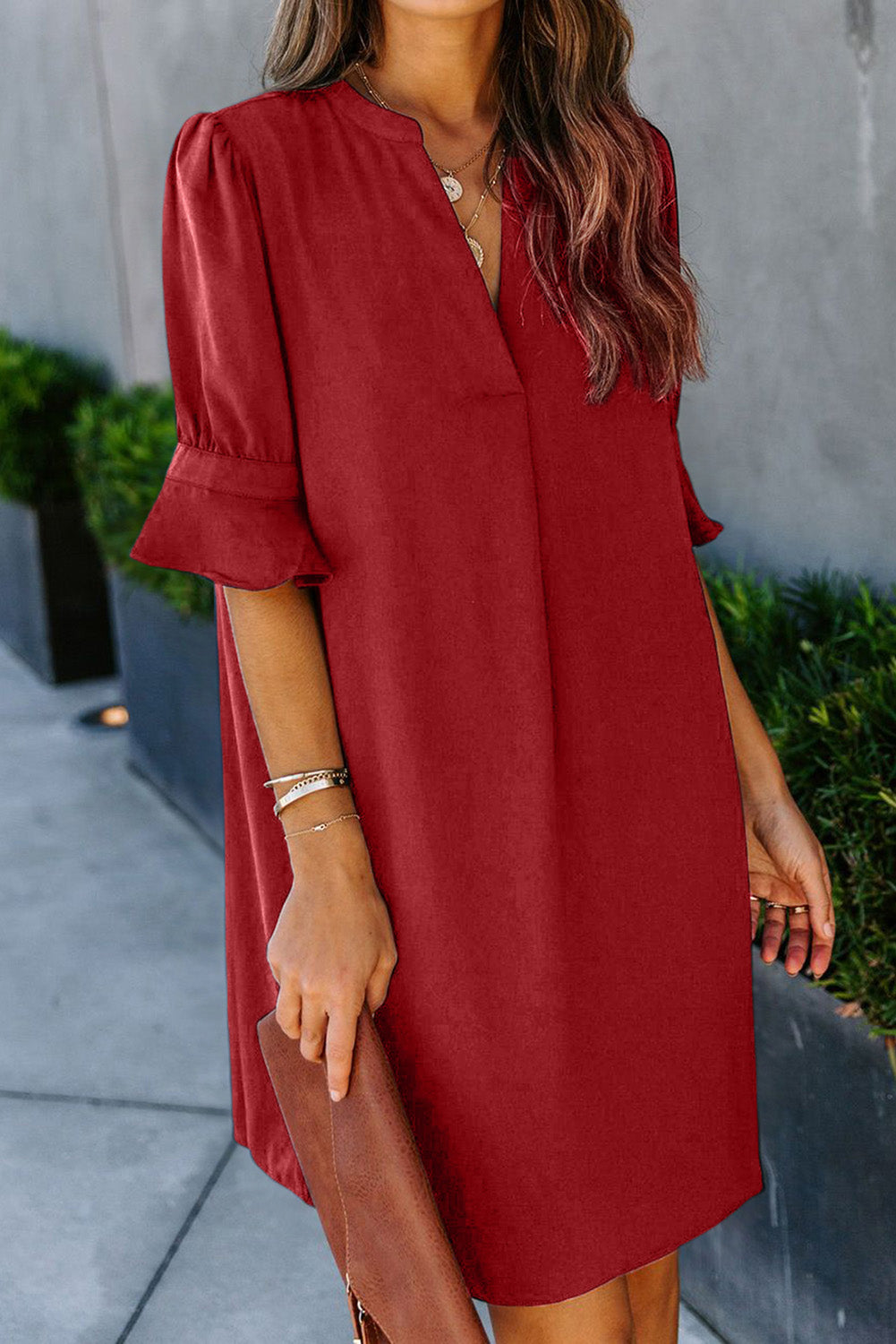 V Neck Short Sleeve Tunic Dress