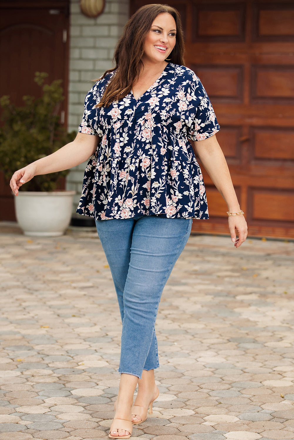 Floral V-Neck Tied Blouse