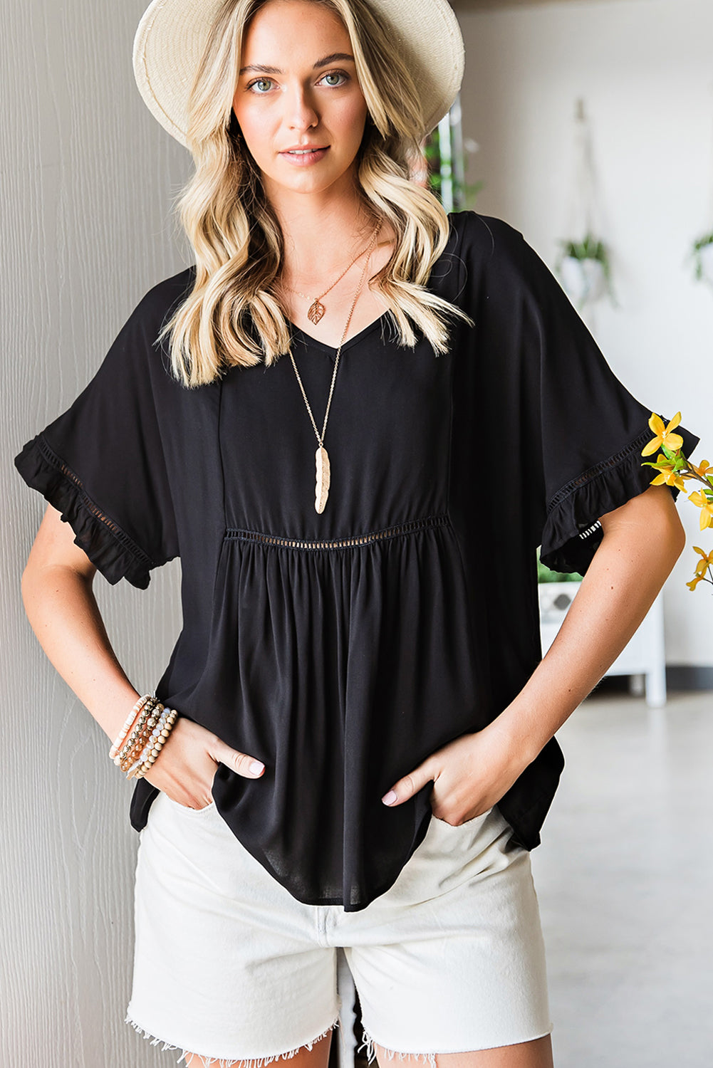 Ruffle Lace Detail V Neck Half Sleeve Loose Top