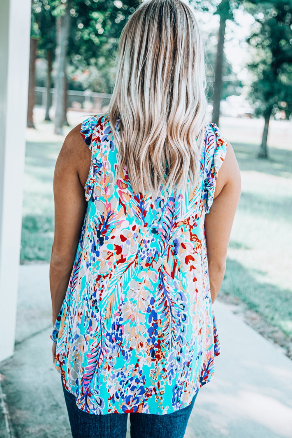 Printed Color Block Boho Sleeveless Shirt with Ruffle