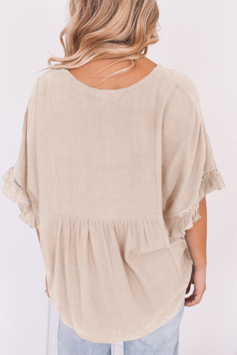 Ruffle Lace Detail V Neck Half Sleeve Loose Top