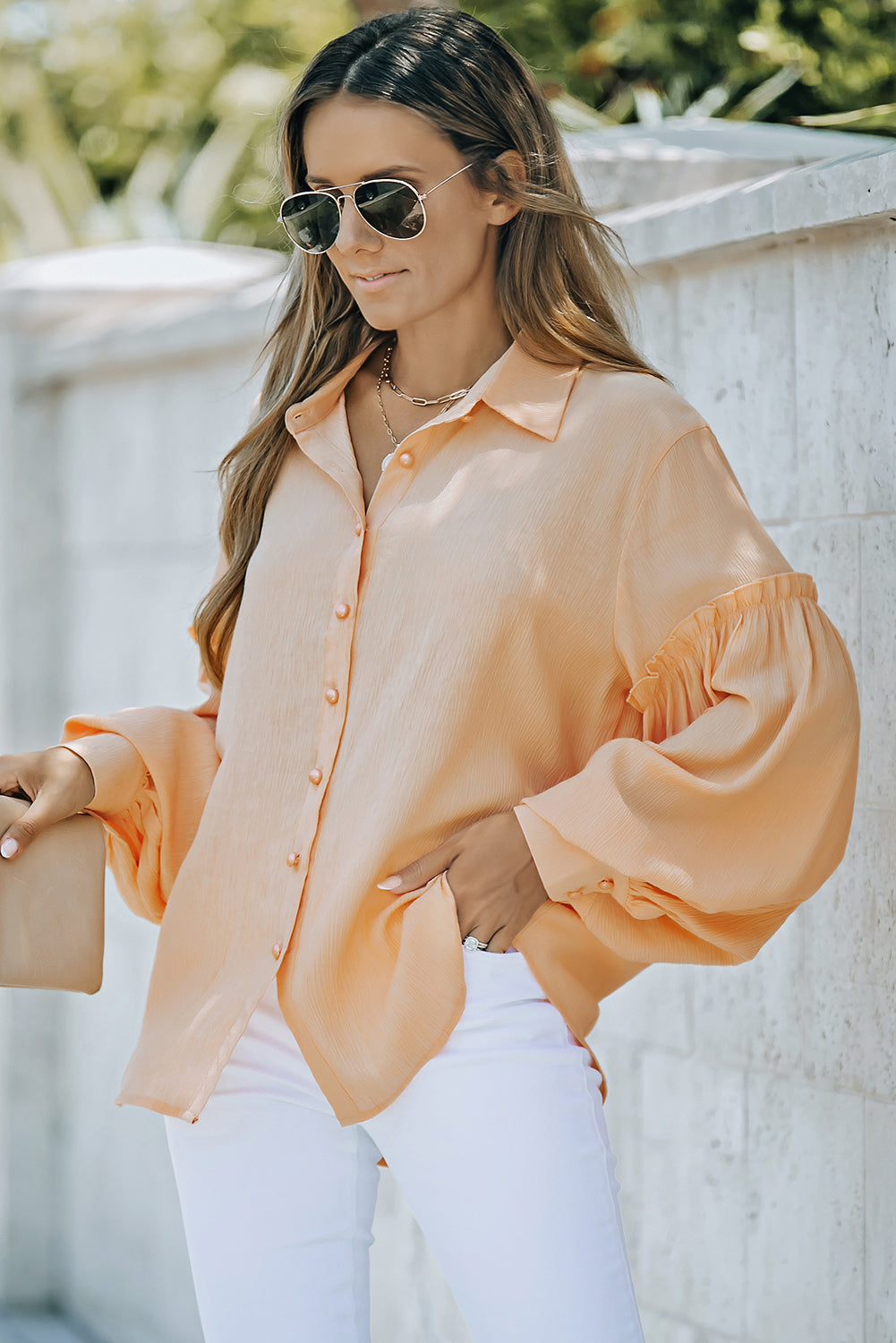 Button Front Frill Trim Blouse