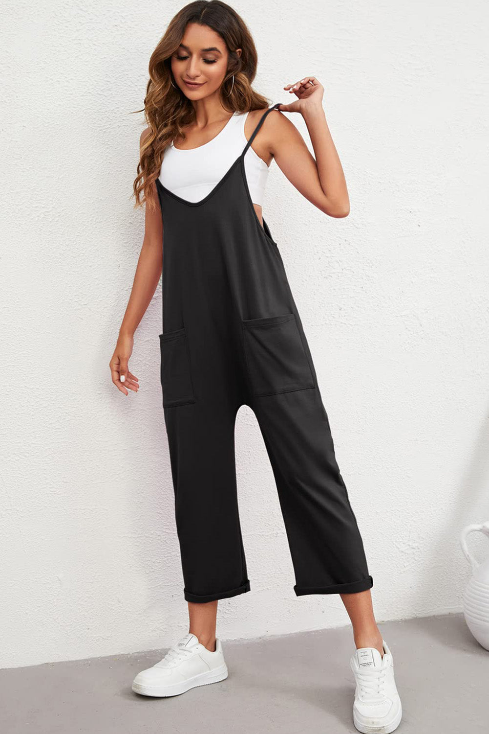 Black Pocketed Spaghetti Strap Straight Leg Jumpsuit