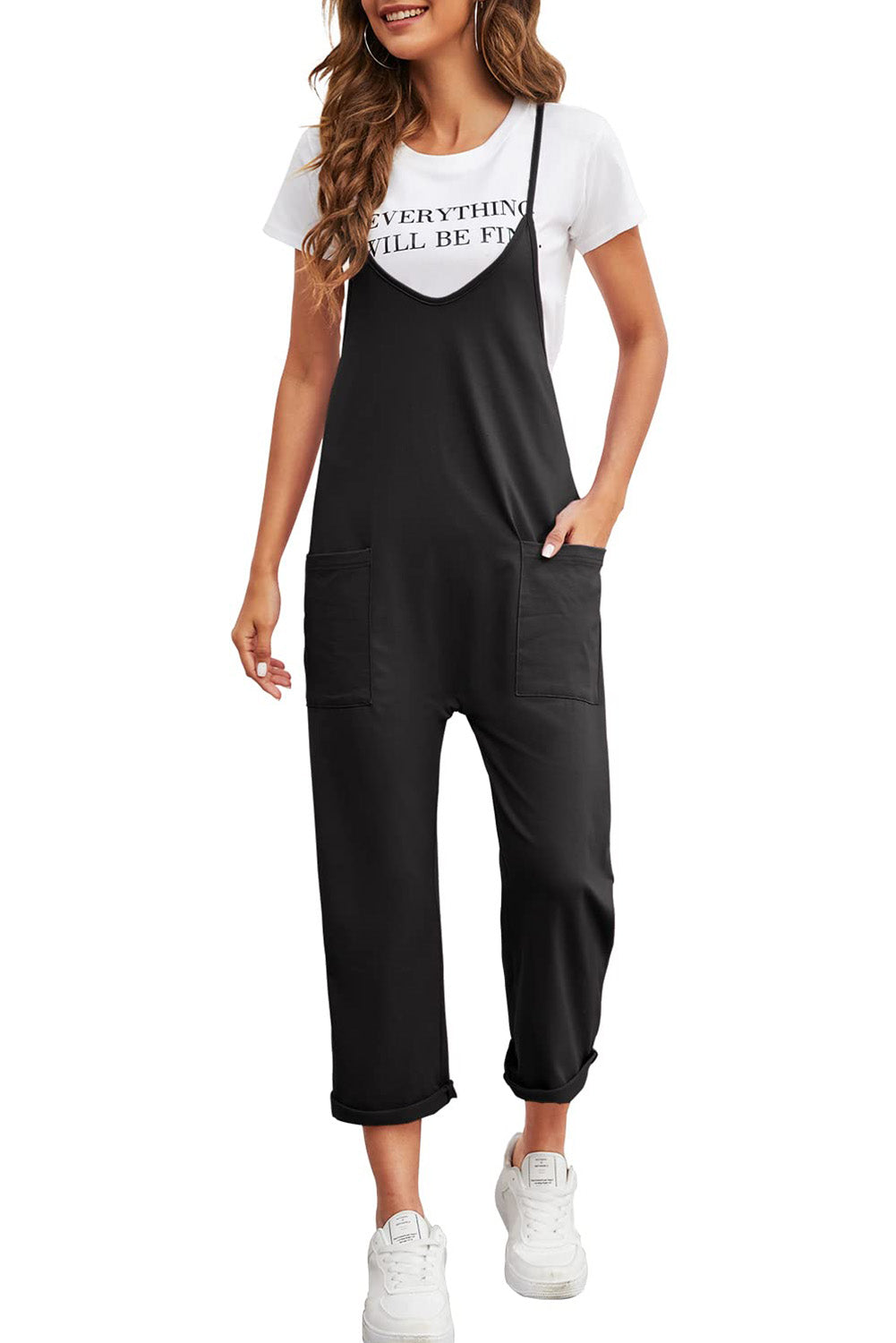 Black Pocketed Spaghetti Strap Straight Leg Jumpsuit