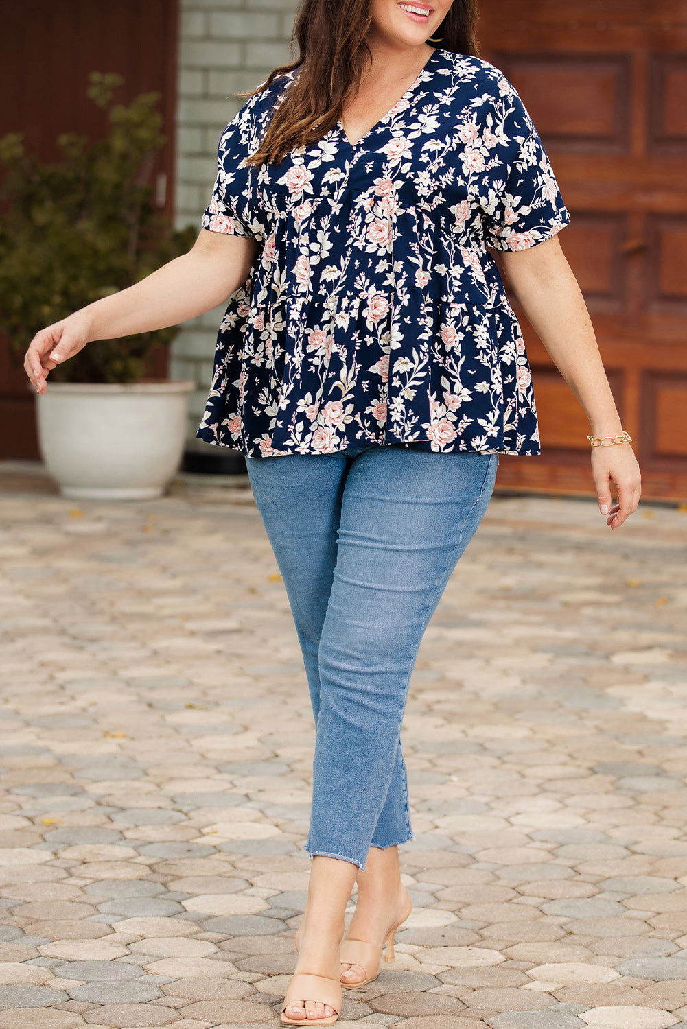 Floral V-Neck Tied Blouse